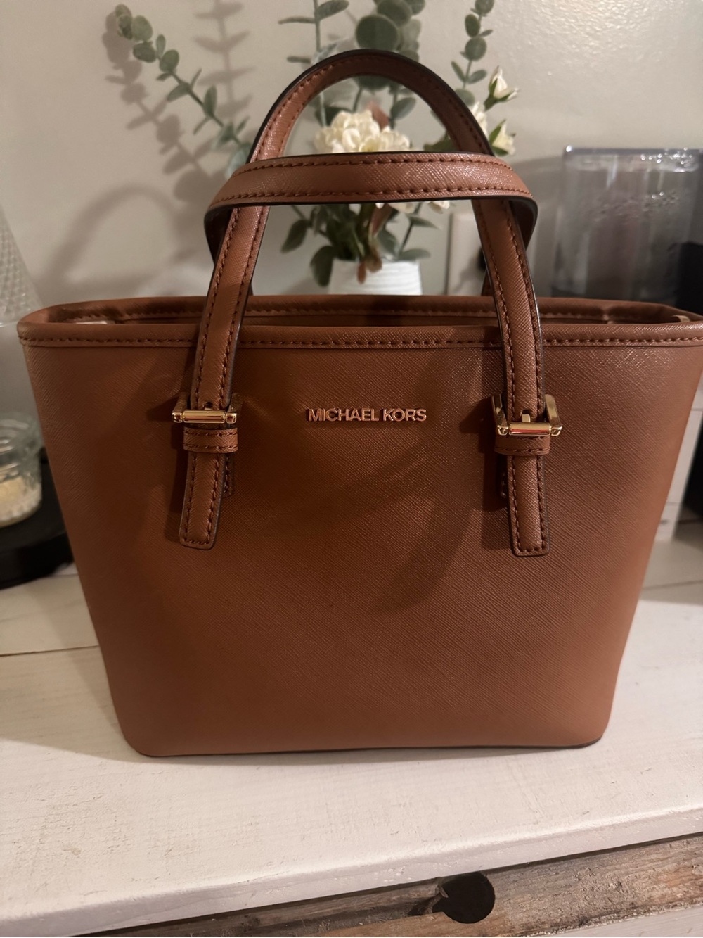 Michael Kors Tan Leather Saffiano Tote with Gold Hardware